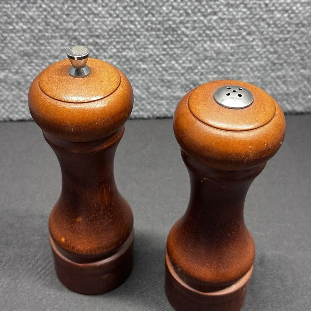 Vintage Mr. Dudley Solid Wood Pepper Grinder Mill & Salt Shaker Set Brown